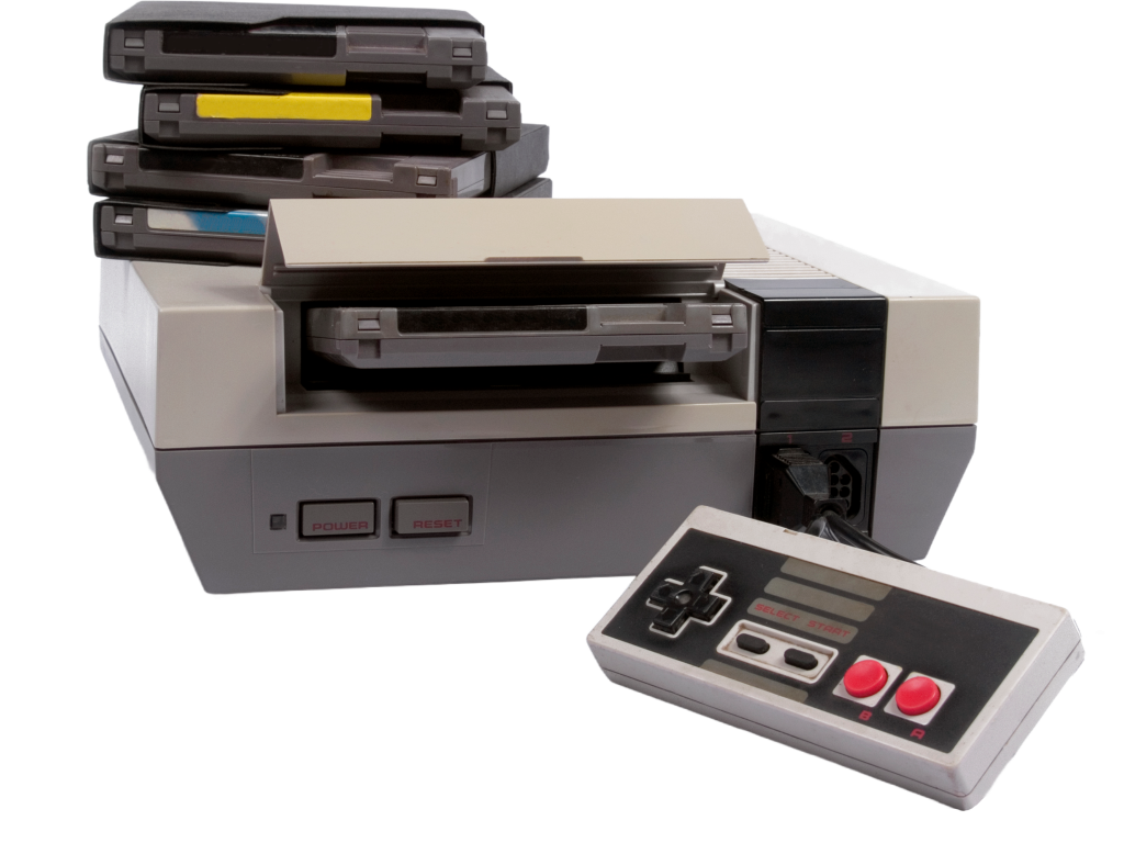 An original NES Nintendo system with game cartridges.